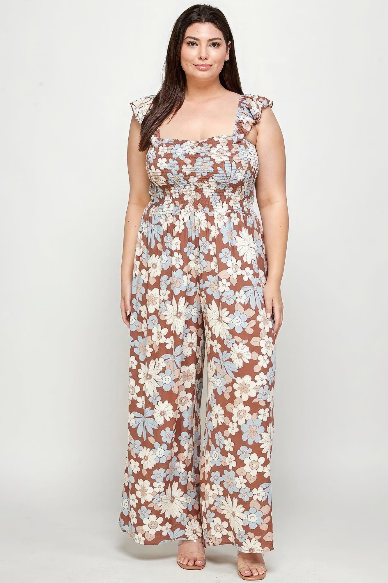 Floral Print Smocked Jumpsuit - AMIClubwear