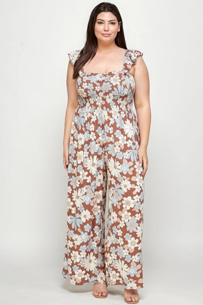 Floral Print Smocked Jumpsuit - AMIClubwear