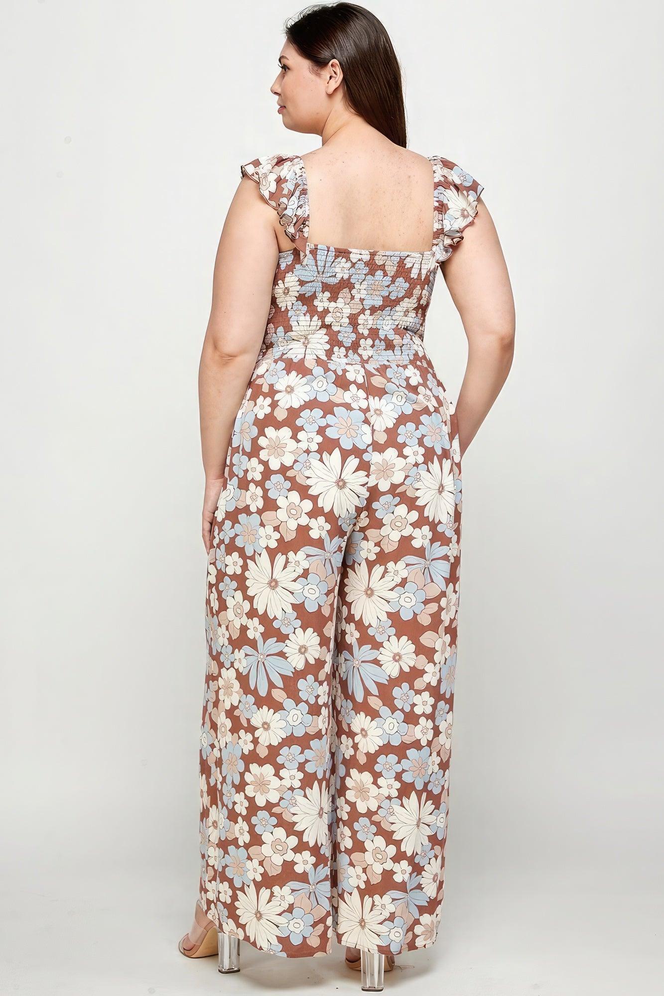 Floral Print Smocked Jumpsuit - AMIClubwear