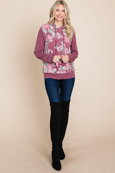 Floral Printed Contrast Hoodie With Relaxed Fit And Cuff Detail - AMIClubwear