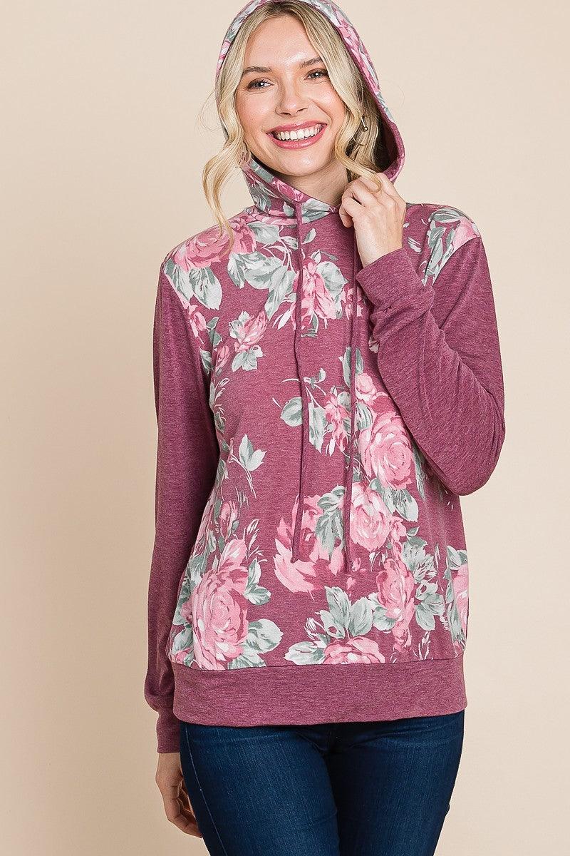 Floral Printed Contrast Hoodie With Relaxed Fit And Cuff Detail - AMIClubwear