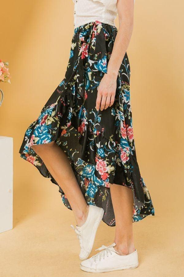 Floral Ruffle Skirt With Trim High Low. - AMIClubwear