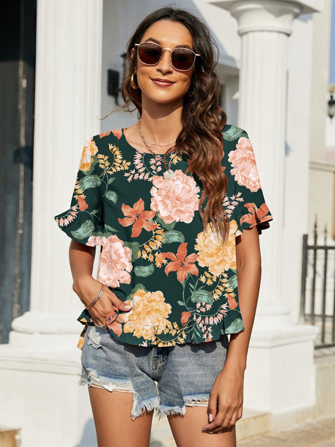 Floral Ruffled Short Sleeve Blouse - AMIClubwear