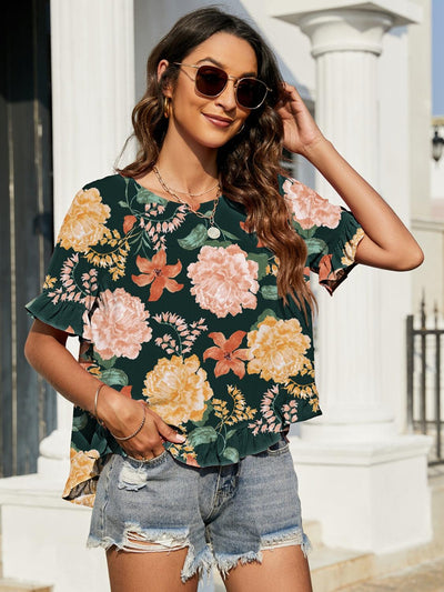 Floral Ruffled Short Sleeve Blouse - AMIClubwear
