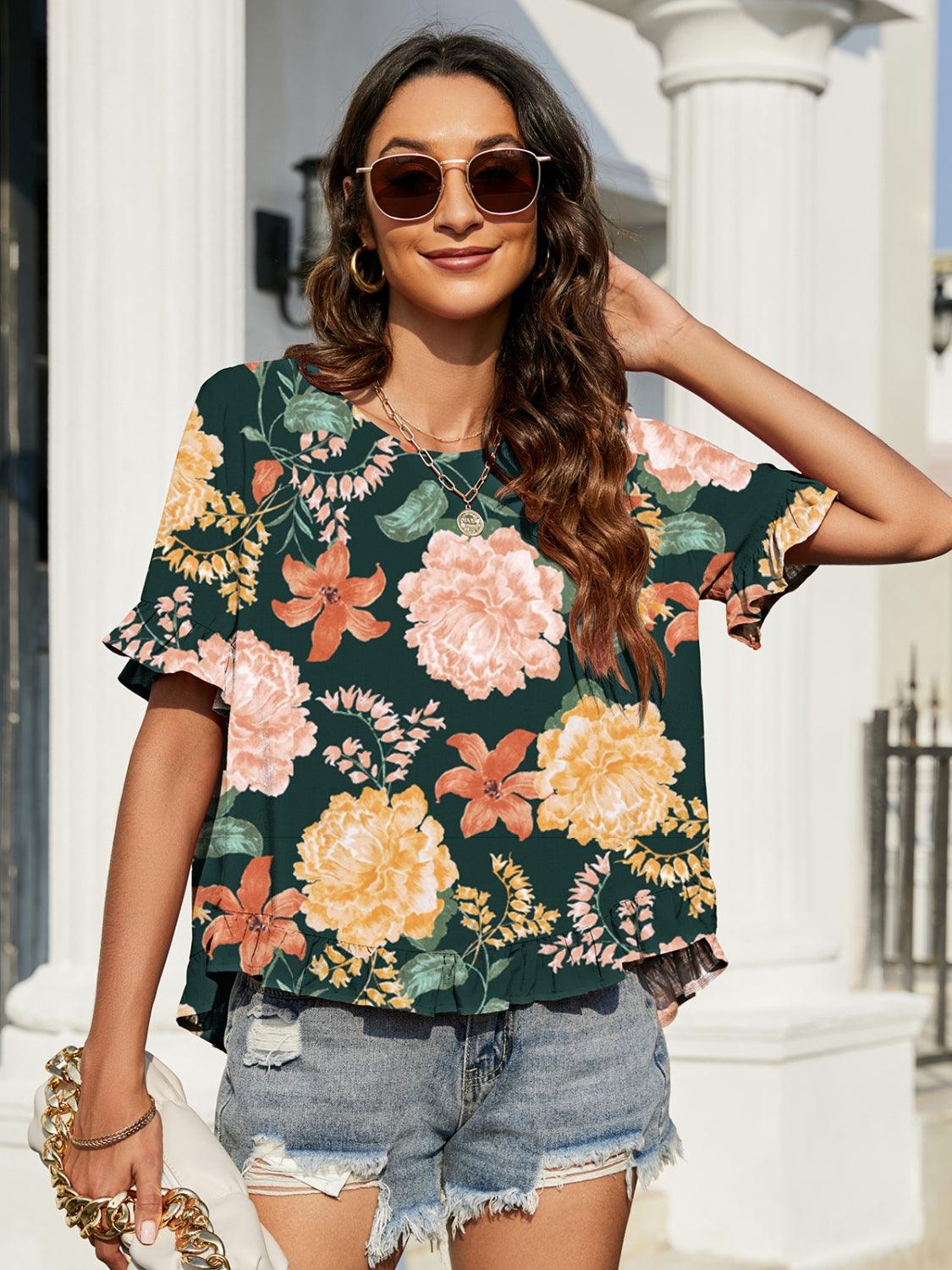 Floral Ruffled Short Sleeve Blouse - AMIClubwear