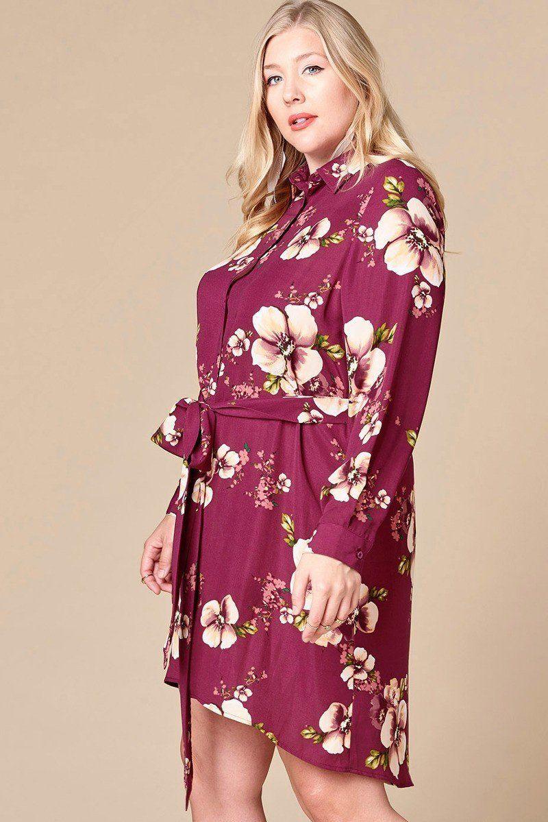 Floral Woven Button-down Collared Shirt Dress - AMIClubwear