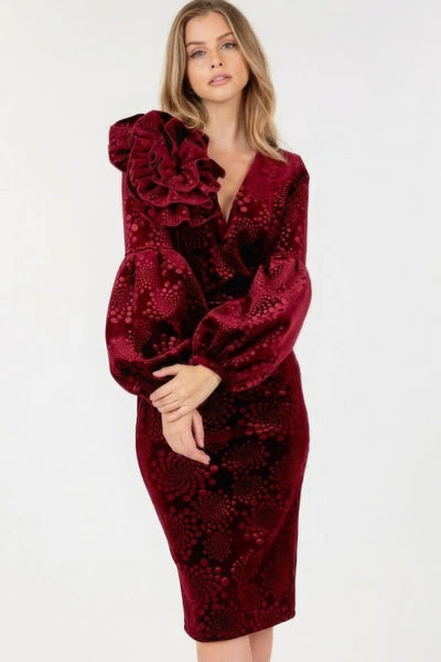 Flower Patch Flocked Velvet Fitted Midi Dress With Puff Sleeves - AMIClubwear