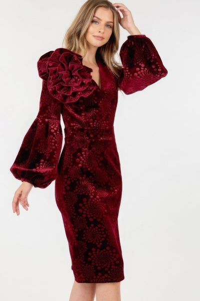 Flower Patch Flocked Velvet Fitted Midi Dress With Puff Sleeves - AMIClubwear