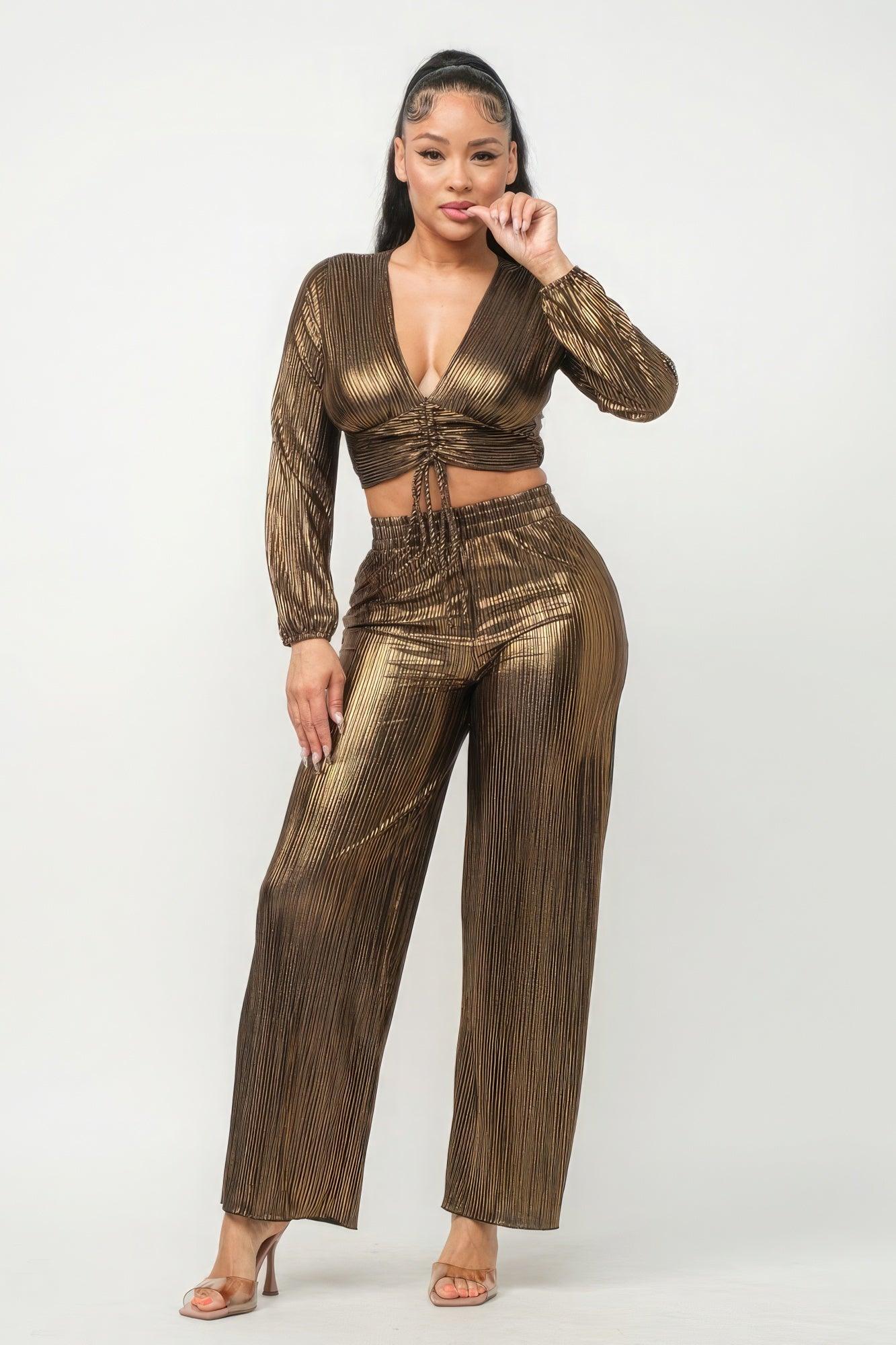 Foil Plisse Tunnel Shirring Top And Pants Set - AMIClubwear