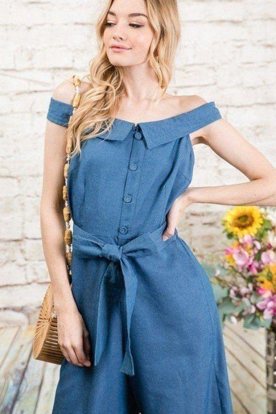 Fold-over Collar Detailed Button Down Off-shoulder Chambray Denim Wide Leg Palazzo Jumpsuit With Waist Tie - AMIClubwear