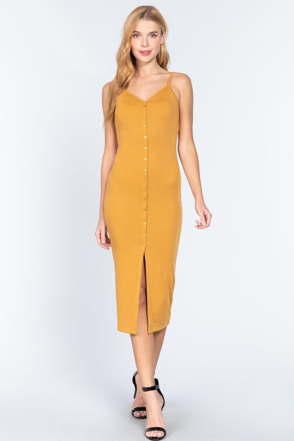 Fron Button Slit Rib Cami Midi Dress - AMIClubwear