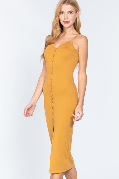 Fron Button Slit Rib Cami Midi Dress - AMIClubwear