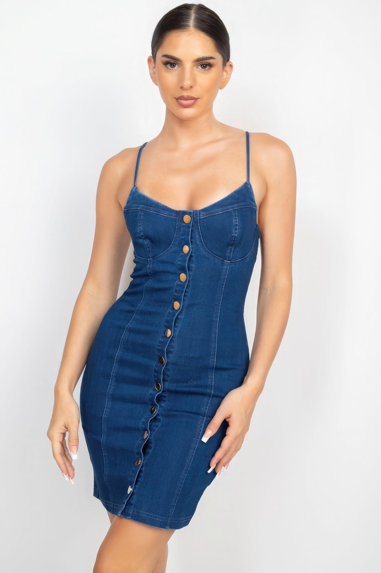 Front Button Cami Denim Dress - AMIClubwear