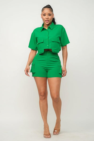 Front Button Down Side Pockets Top And Shorts Set - AMIClubwear