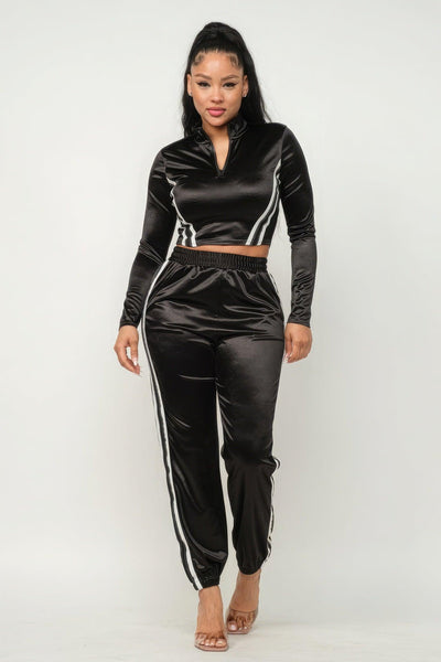 Front Zip Up Stripes Detail Jacket And Pants Set - AMIClubwear