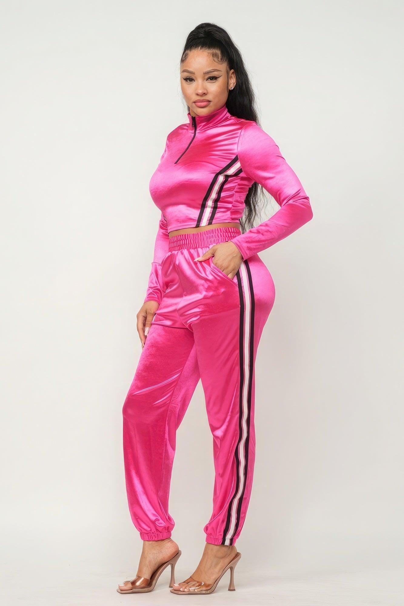 Front Zip Up Stripes Detail Jacket And Pants Set - AMIClubwear