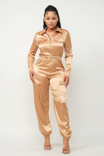 Front Zipper Pockets Top And Pants Jumpsuit - AMIClubwear