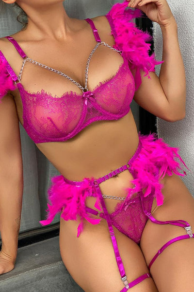 Fuchsia Feather Sheer Lace Chain Detail Lingerie 3 Pc Set - AMIClubwear