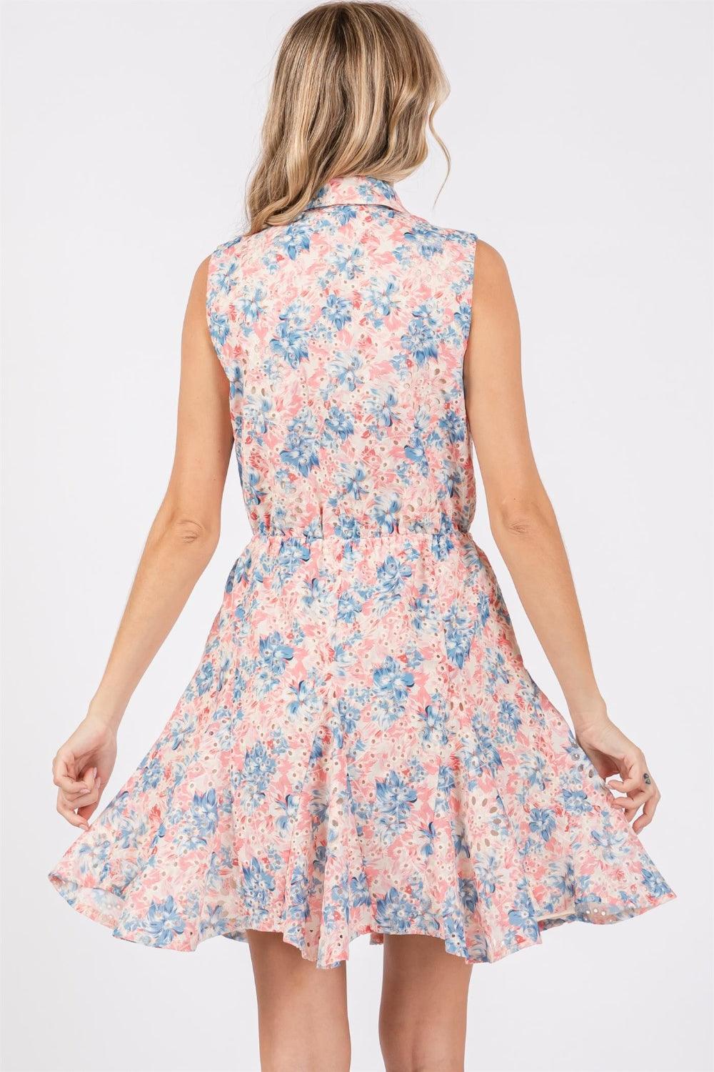 GeeGee Full Size Floral Eyelet Sleeveless Mini Dress - AMIClubwear