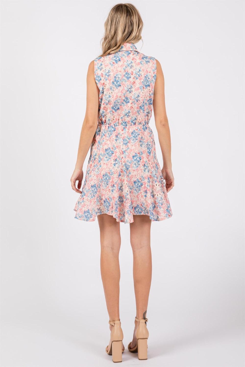 GeeGee Full Size Floral Eyelet Sleeveless Mini Dress - AMIClubwear