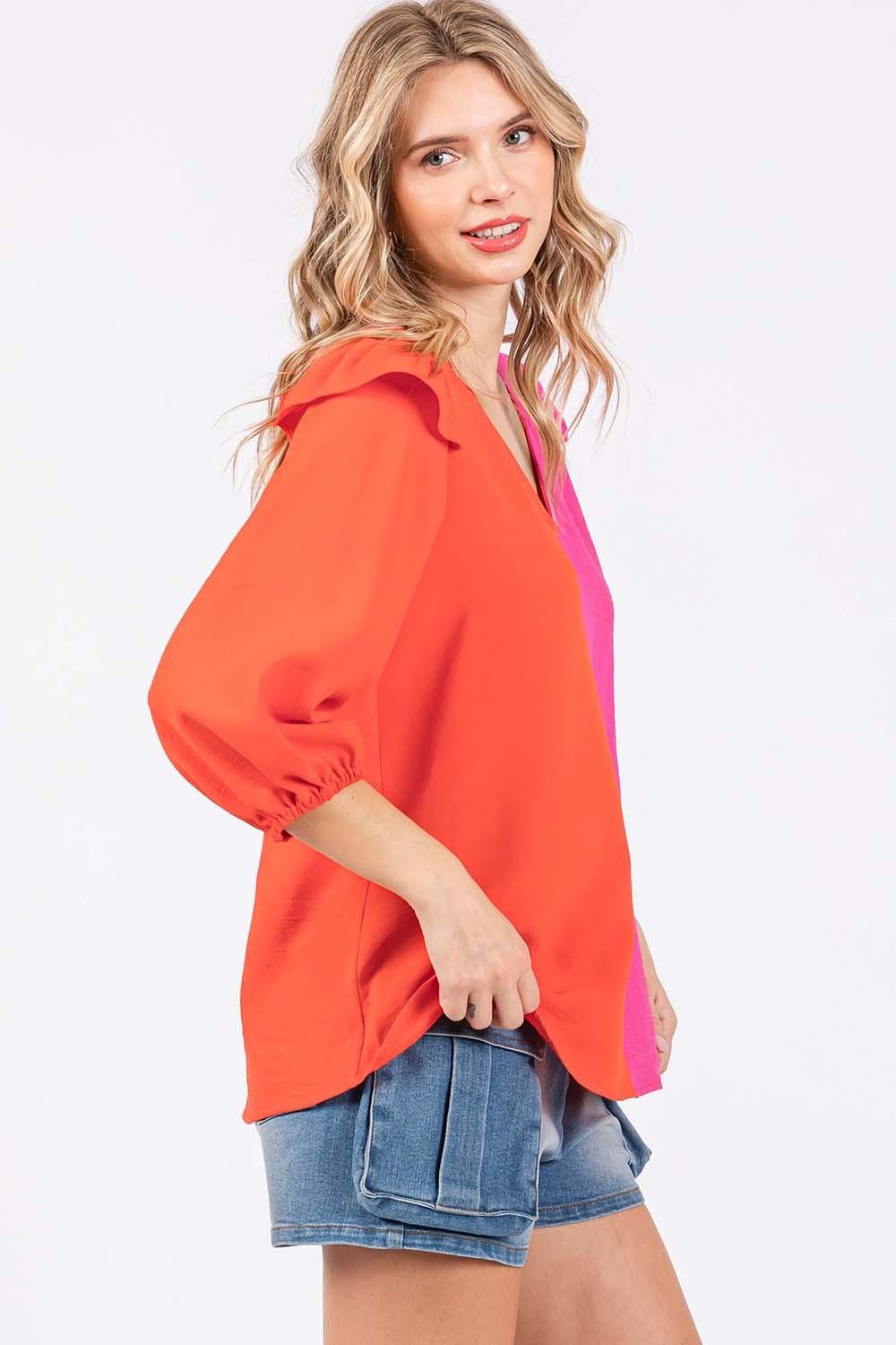 GeeGee Full Size Ruffle Trim Contrast Blouse - AMIClubwear