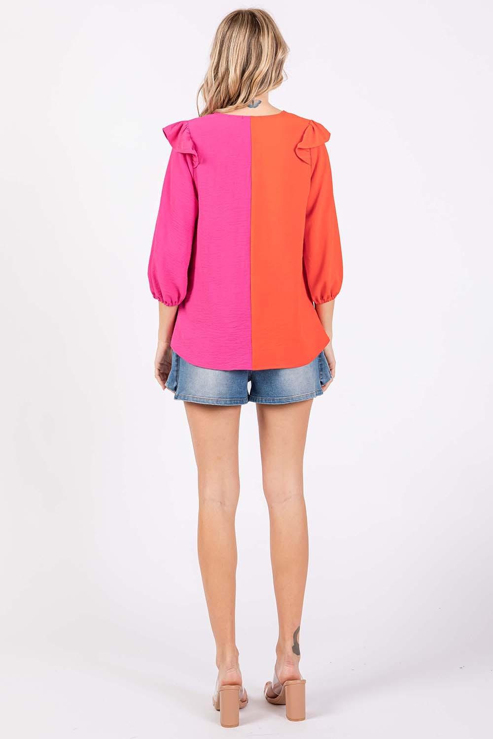 GeeGee Full Size Ruffle Trim Contrast Blouse - AMIClubwear
