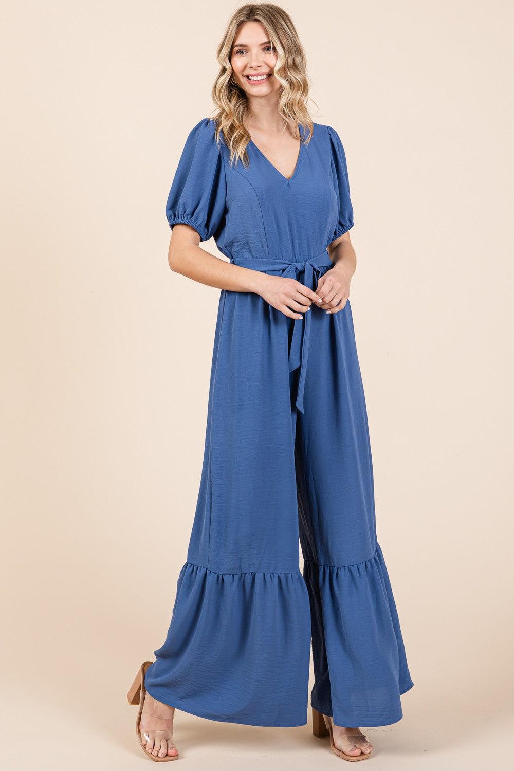 GeeGee Full Size V-Neck Belted Wide Leg Jumpsuit - AMIClubwear