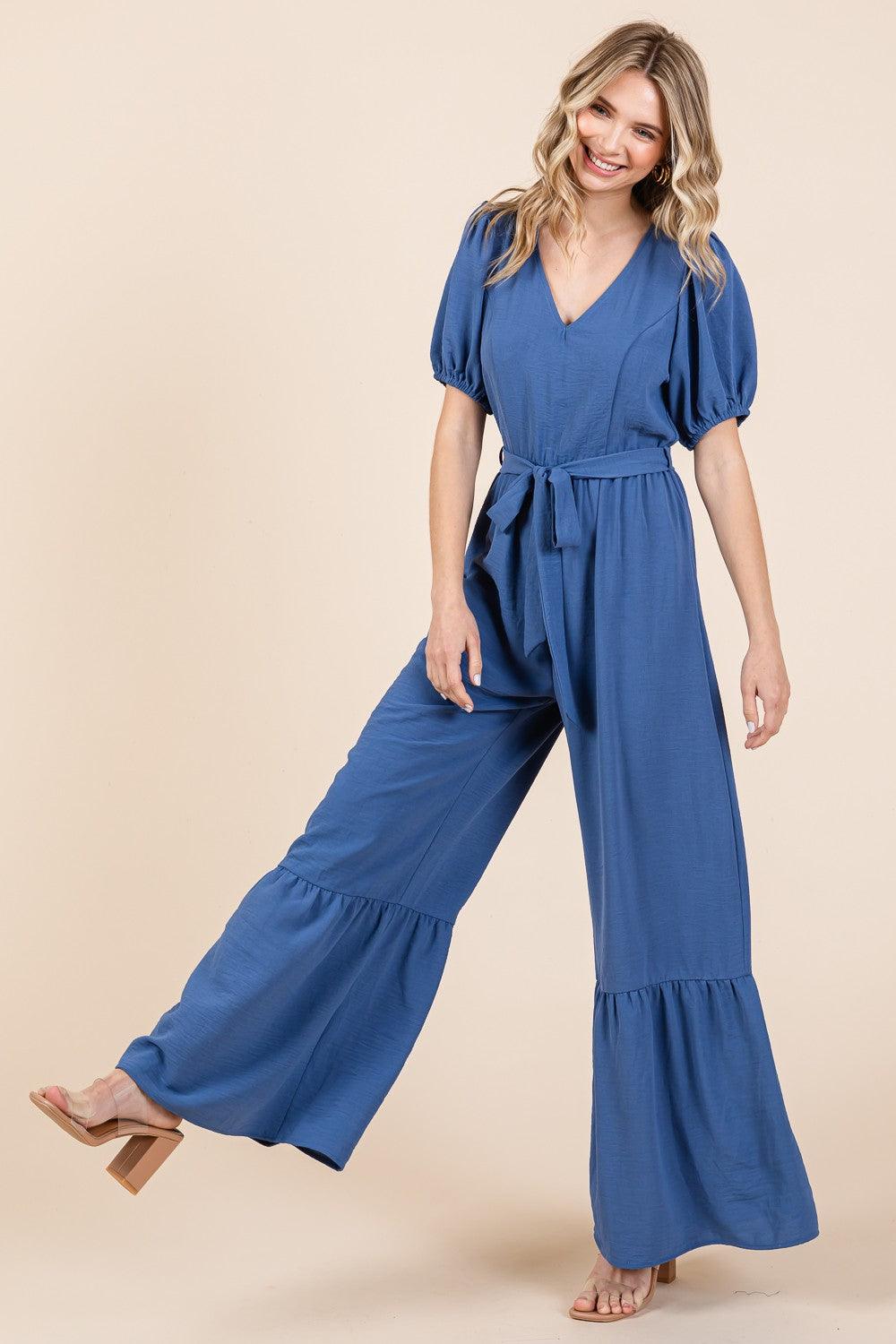 GeeGee Full Size V-Neck Belted Wide Leg Jumpsuit - AMIClubwear