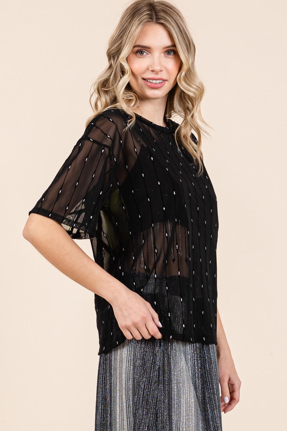 GeeGee Round Neck Drop Shoulder Mesh Glitter Top - AMIClubwear