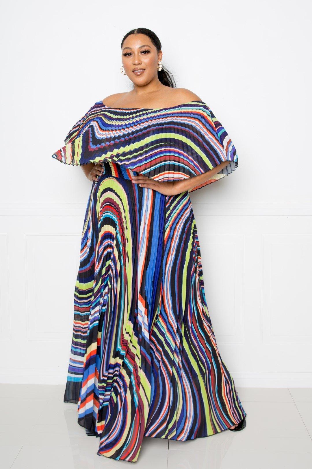 Geo Printed Off Shoulder Pleated Maxi Dress - AMIClubwear