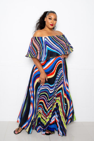 Geo Printed Off Shoulder Pleated Maxi Dress - AMIClubwear