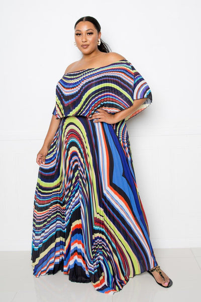 Geo Printed Off Shoulder Pleated Maxi Dress - AMIClubwear