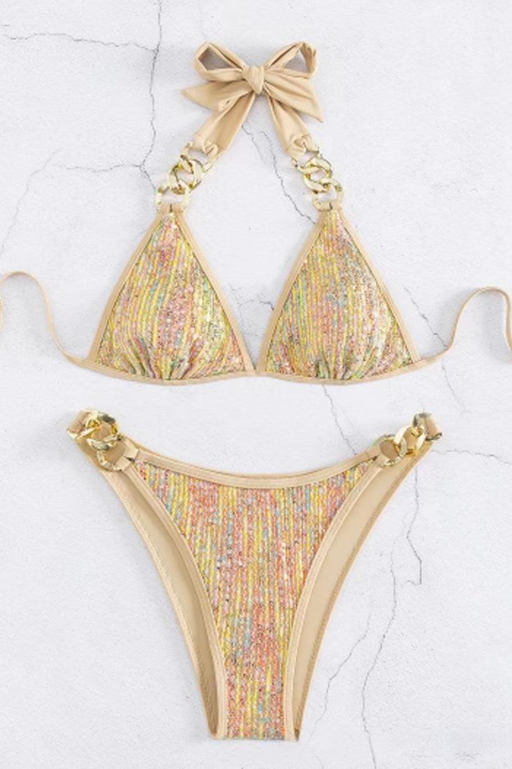 Gold Multi Sequin Gold Twisted Chain 2Pc Sexy Swimsuit Set Bikini - AMIClubwear