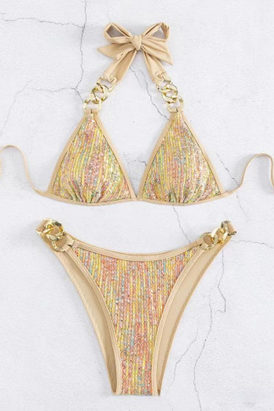 Gold Multi Sequin Gold Twisted Chain 2Pc Sexy Swimsuit Set Bikini - AMIClubwear