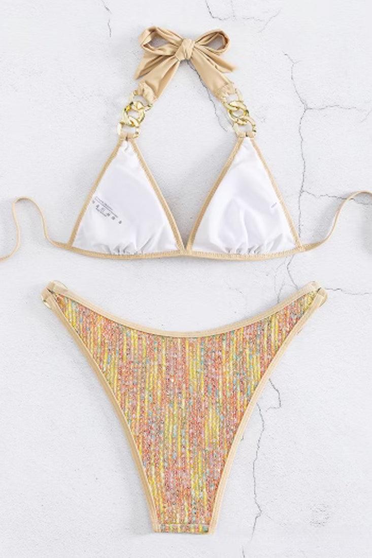 Gold Multi Sequin Gold Twisted Chain 2Pc Sexy Swimsuit Set Bikini - AMIClubwear