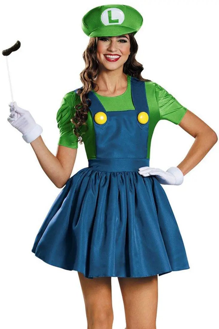 Green Blue Luigi Halloween Costume 4 Pc
