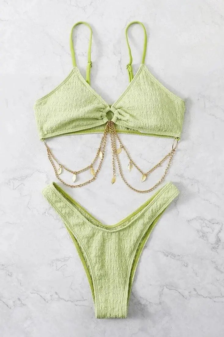 Green Gold Leaf Chain Ultra Cheeky 2Pc Bikini Swimsuit Set