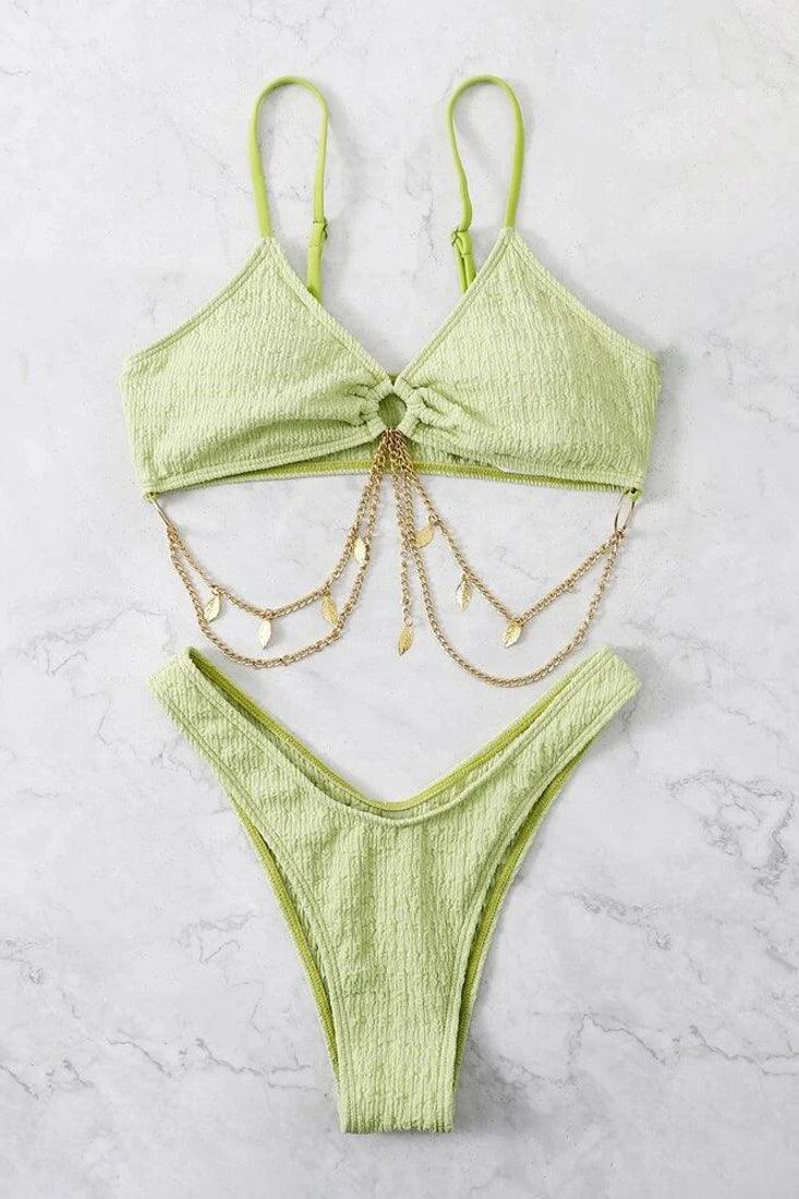 Green Gold Leaf Chain Ultra Cheeky 2Pc Bikini Swimsuit Set - AMIClubwear