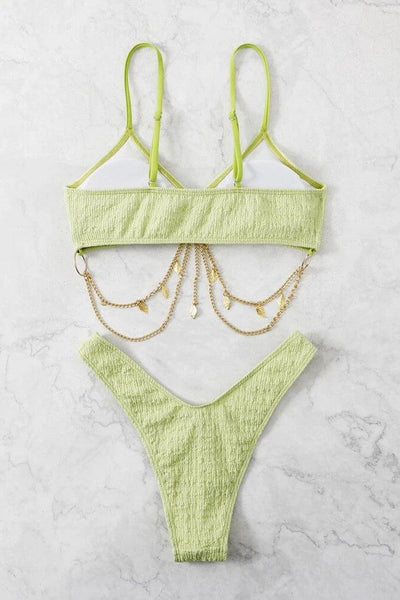 Green Gold Leaf Chain Ultra Cheeky 2Pc Bikini Swimsuit Set - AMIClubwear