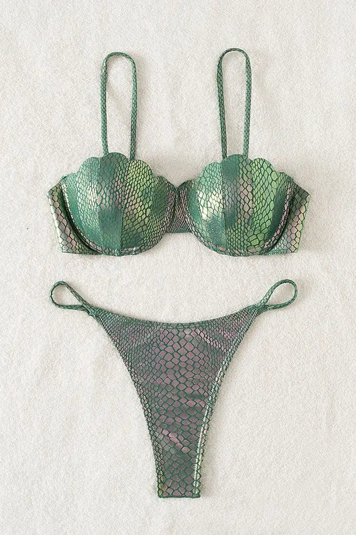 Green Holographic Snake Wired Shell Bra Thong Sexy 2Pc Swimsuit Bikini