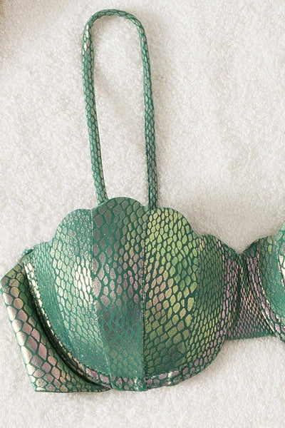 Green Holographic Snake Wired Shell Bra Thong Sexy 2Pc Swimsuit Bikini - AMIClubwear