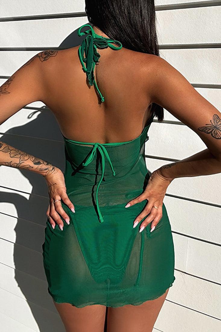 Green Mesh Ring Cut Out Swimsuit Cover-Up Dress - AMIClubwear