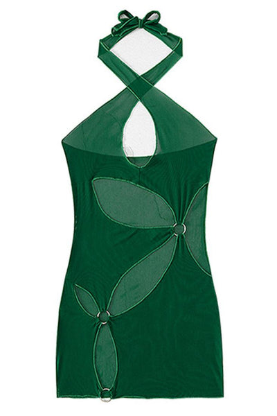 Green Mesh Ring Cut Out Swimsuit Cover-Up Dress - AMIClubwear