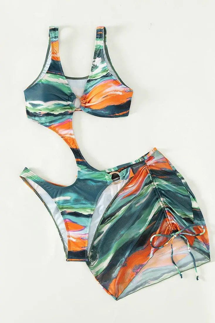 Green Multi Printed Monokini Cover-Up Sexy 2Pc Swimsuit Set