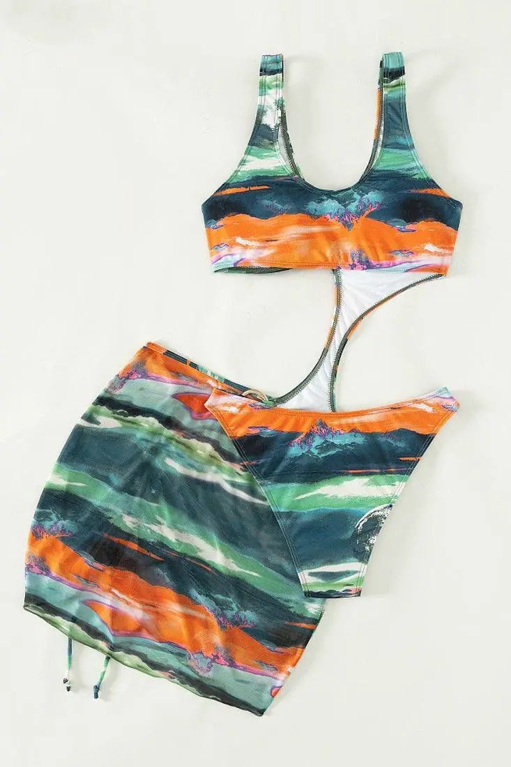 Green Multi Printed Monokini Cover-Up Sexy 2Pc Swimsuit Set