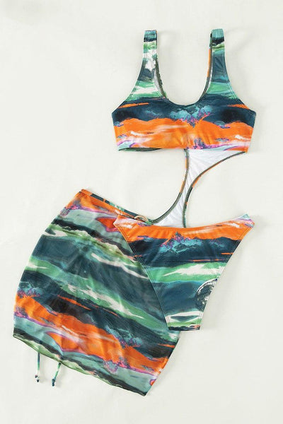 Green Multi Printed Monokini Cover-Up Sexy 2Pc Swimsuit Set - AMIClubwear