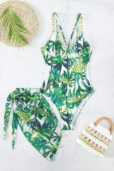 Green Printed Rhinestone Gold Chain Monokini Cover-Up 2Pc Swimsuit Set - AMIClubwear