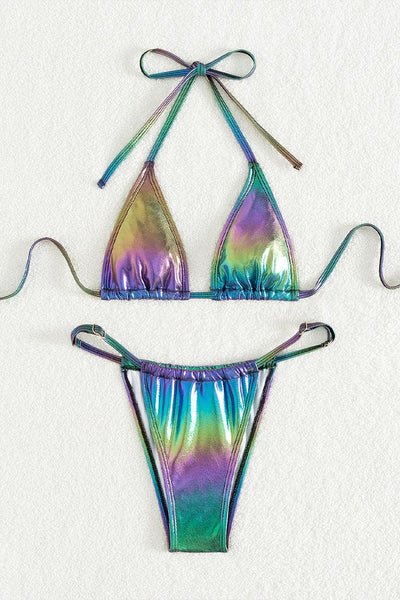 Green Purple Metallic Mermaid Triangle Cheeky Sexy 2Pc Bikini Swimsuit Set - AMIClubwear