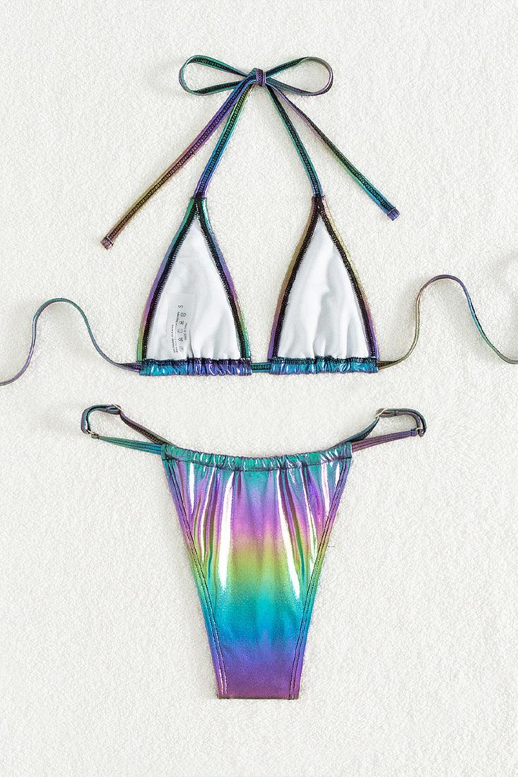 Green Purple Metallic Mermaid Triangle Cheeky Sexy 2Pc Bikini Swimsuit Set - AMIClubwear