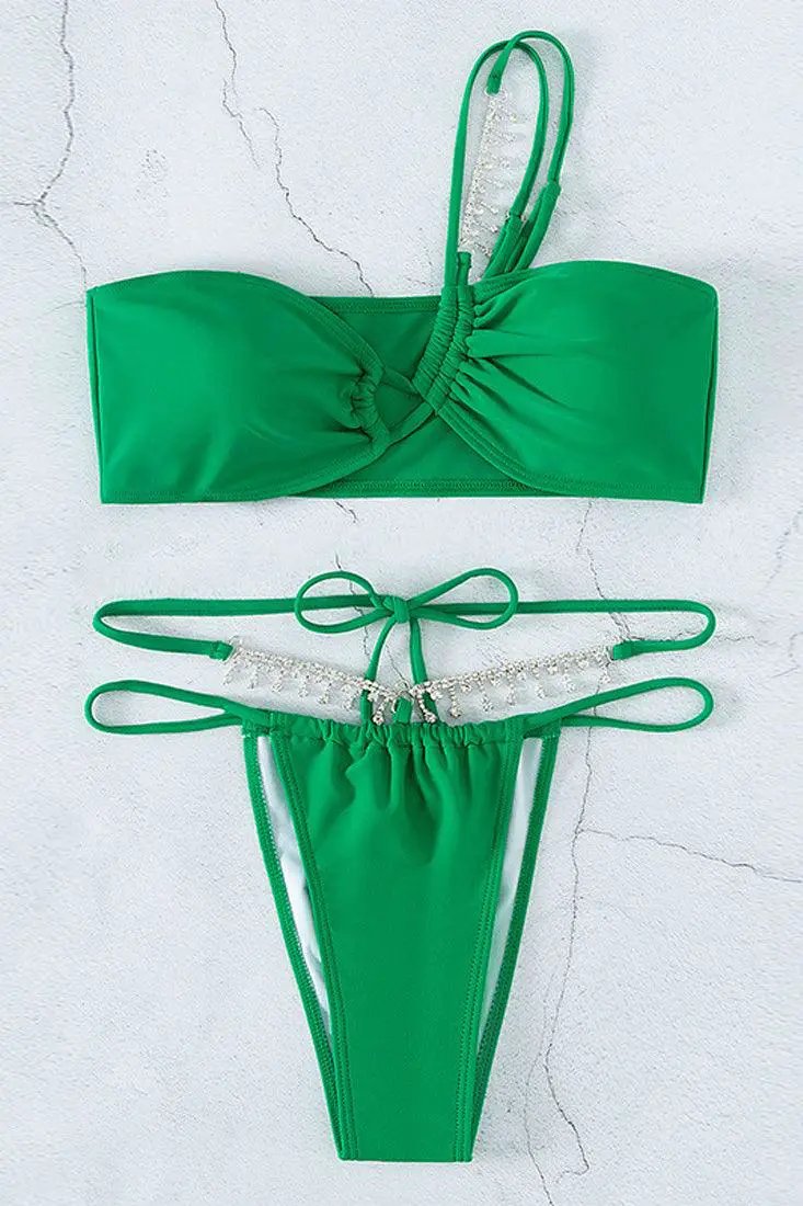 Green Rhinestone One Shoulder Cheeky Two Piece Swimsuit Bikini